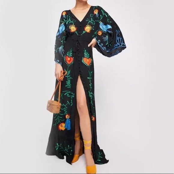 Boho Embroidered Hearts Floral Birds Long Maxi Kimono Dress - Picture 1 of 16